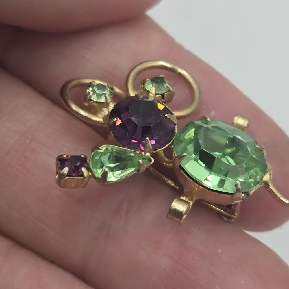 Vintage Unique Purple And Green Rhinestone Mouse Brooch Pin Figural Animal